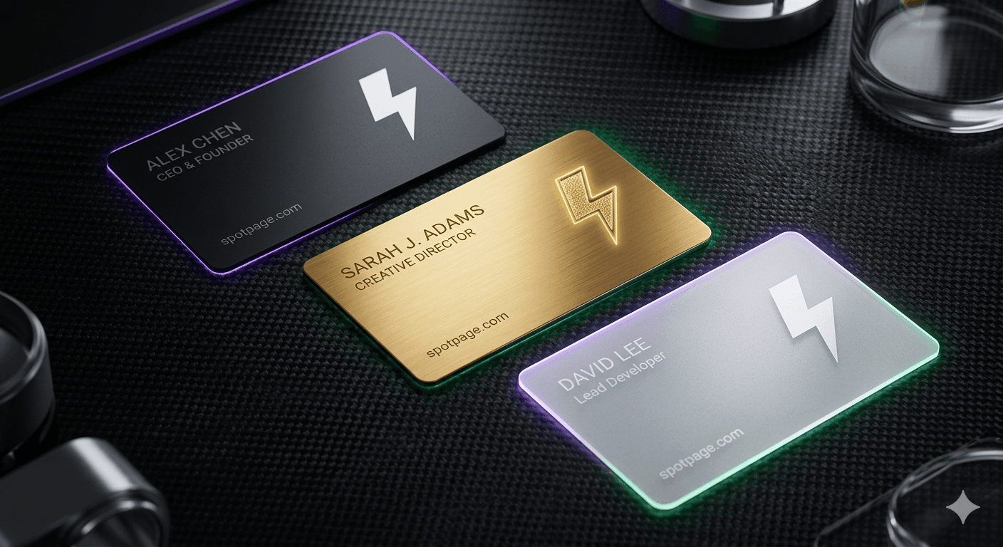 SpotPage Physical Cards Showcase: Stealth Black, Sunset Gold, Frosted Glass